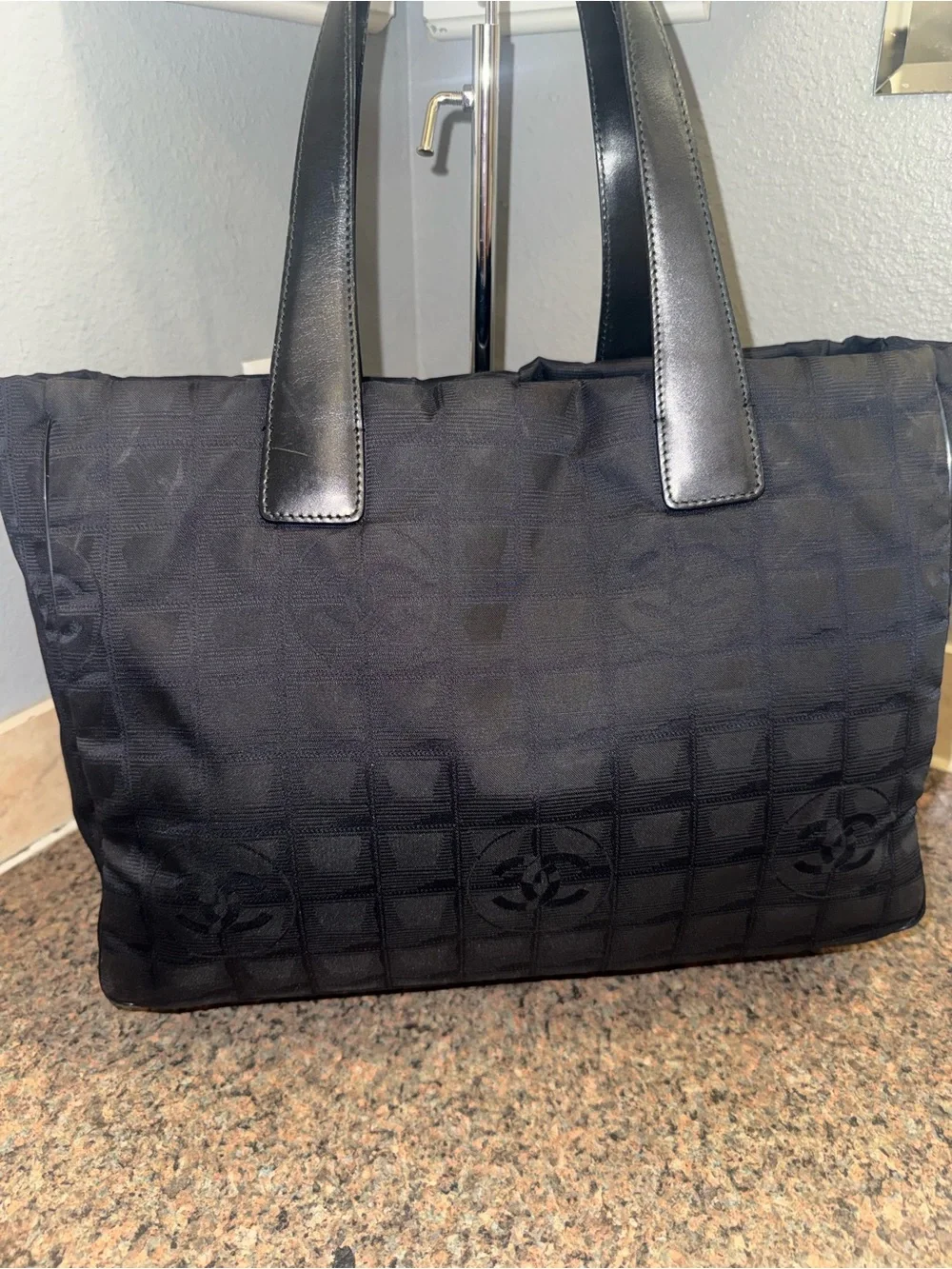 CHANEL Black Quilted Nylon Tote with Leather Straps EUC